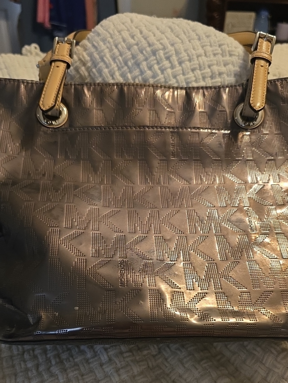 Michael Kors Rose Gold MK Logo Tote with Tan Handles